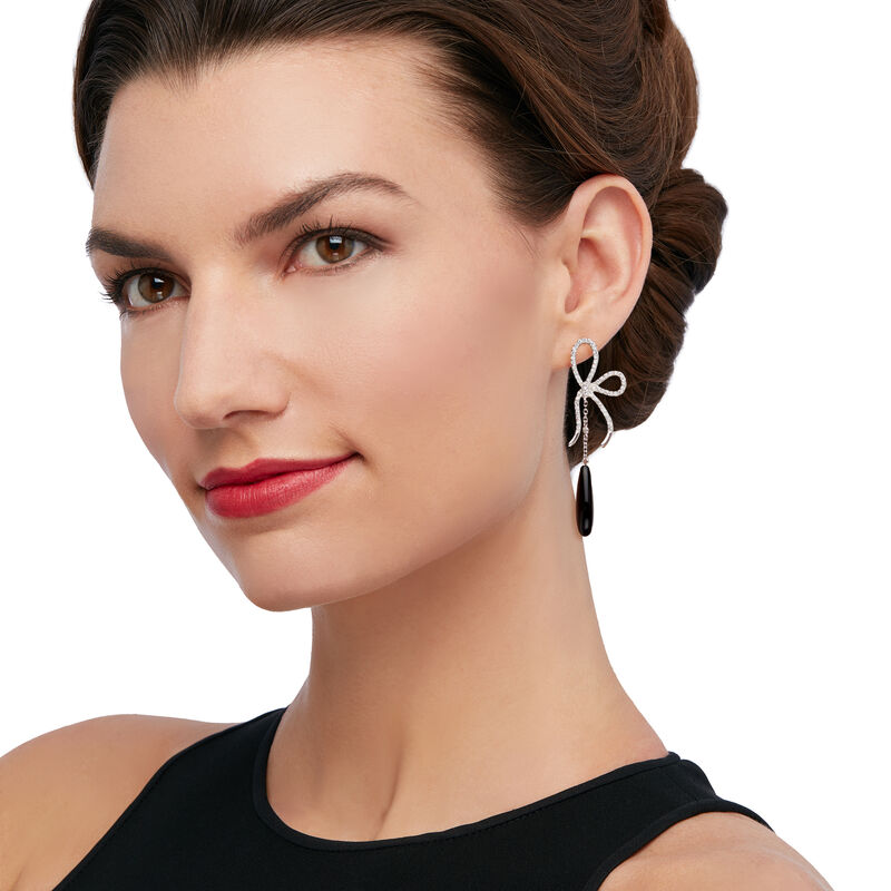 Black Onyx and 1.20 ct. t.w. CZ Bow Drop Earrings in Sterling Silver image number 1