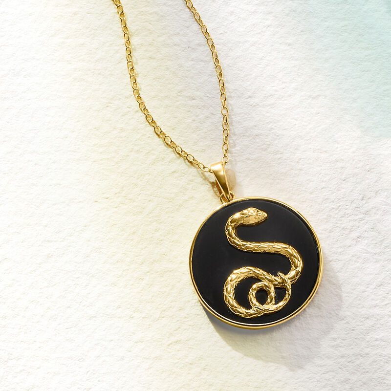Black Agate Snake Pendant Necklace in 18kt Gold Over Sterling. 18&quot; image number 2