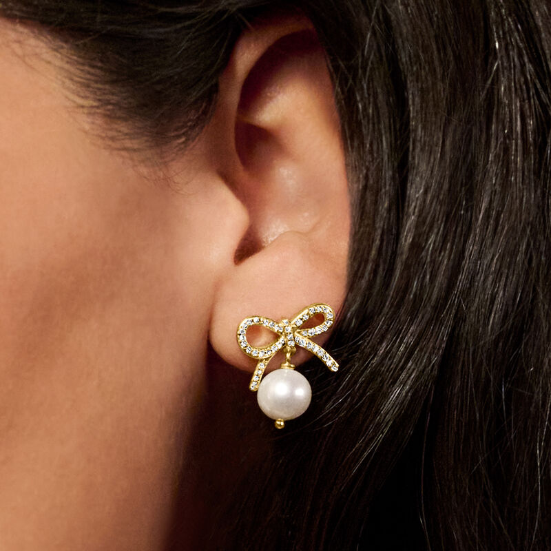 9-9.5mm Cultured Pearl and .50 ct. t.w. White Topaz Bow Drop Earrings in 18kt Gold Over Sterling  image number 3