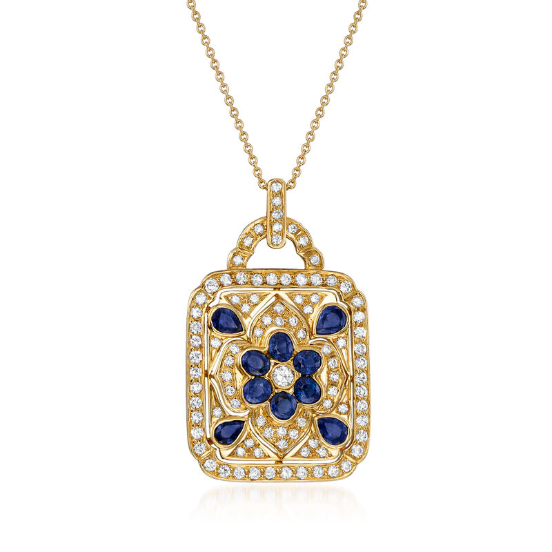 C. 1980 Vintage 1.40 ct. t.w. Diamond and 1.35 ct. t.w. Sapphire Pendant Necklace in 18kt Yellow Gold. 18&quot; image number 0