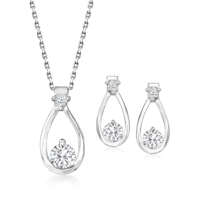 1.40 ct. t.w. CZ Jewelry Set: Pendant Necklace and Drop Earrings in Sterling Silver image number 0