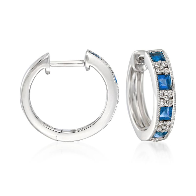 Gregg Ruth 1.00 ct. t.w. Sapphire and .24 ct. t.w. Diamond Hoop Earrings in 18kt White Gold. 1/2&quot; image number 0