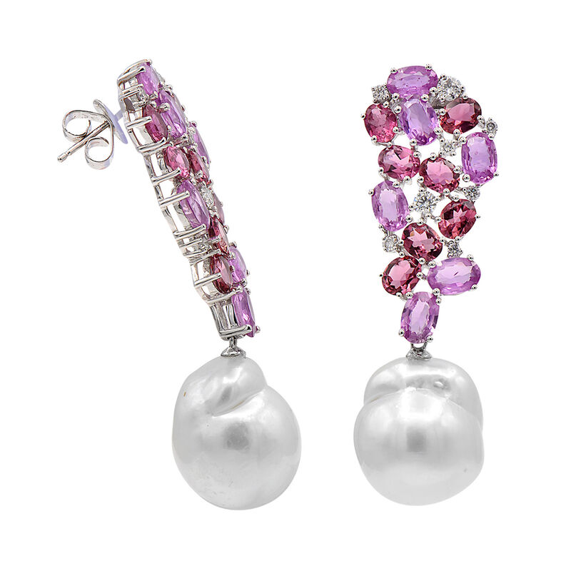14-15mm Cultured South Sea Baroque Pearl and 11.25 ct. t.w. Multi-Gemstone Drop Earrings with .61 ct. t.w. Diamonds in 18kt White Gold image number 2