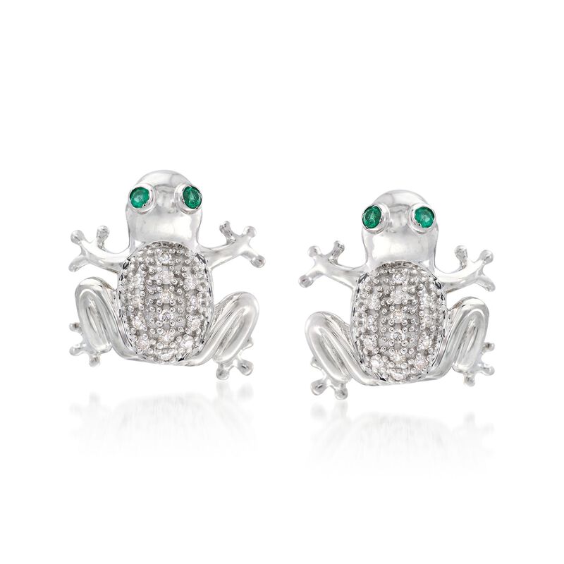 Sterling Silver Frog Stud Earrings with  Emeralds and Diamond Accents image number 0