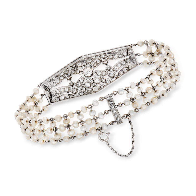 C. 1950 Vintage Seed Pearl and 2.60 ct. t.w. Diamond Bracelet in Platinum image number 2
