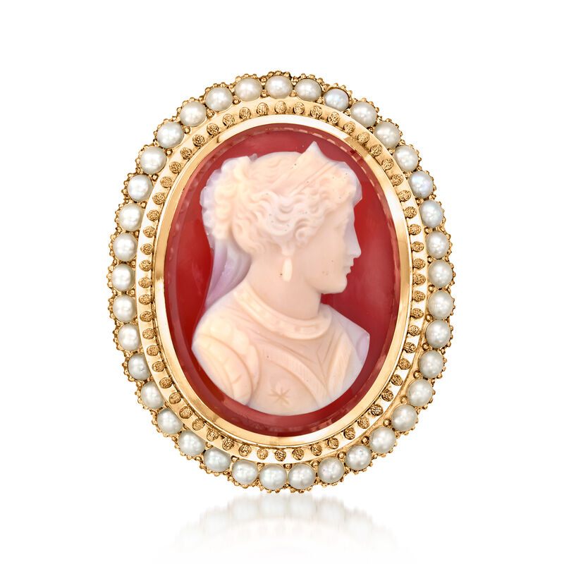 C. 1970 Vintage Red Agate and Seed Pearl Cameo Pin/Pendant in 14kt Yellow Gold image number 3