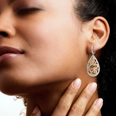 C. 1990 Vintage 2.57 ct. t.w. Multicolored Diamond Hoop Drop Earrings in 18kt Tri-Colored Gold