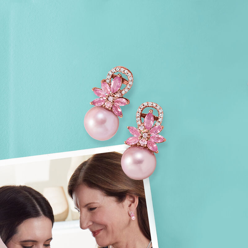 9-9.5mm Pink Cultured Pearl and 1.89 ct. t.w. Pink Sapphire Earrings with .13 ct. t.w. Diamonds in 14kt Rose Gold image number 3