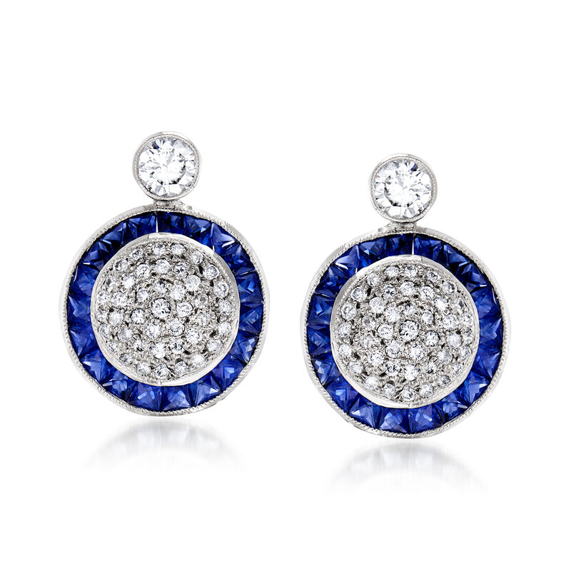 C. 1990 Vintage 2.70 ct. t.w. Sapphire and 1.45 ct. t.w. Pave Diamond Earrings in 18kt White Gold image number 0