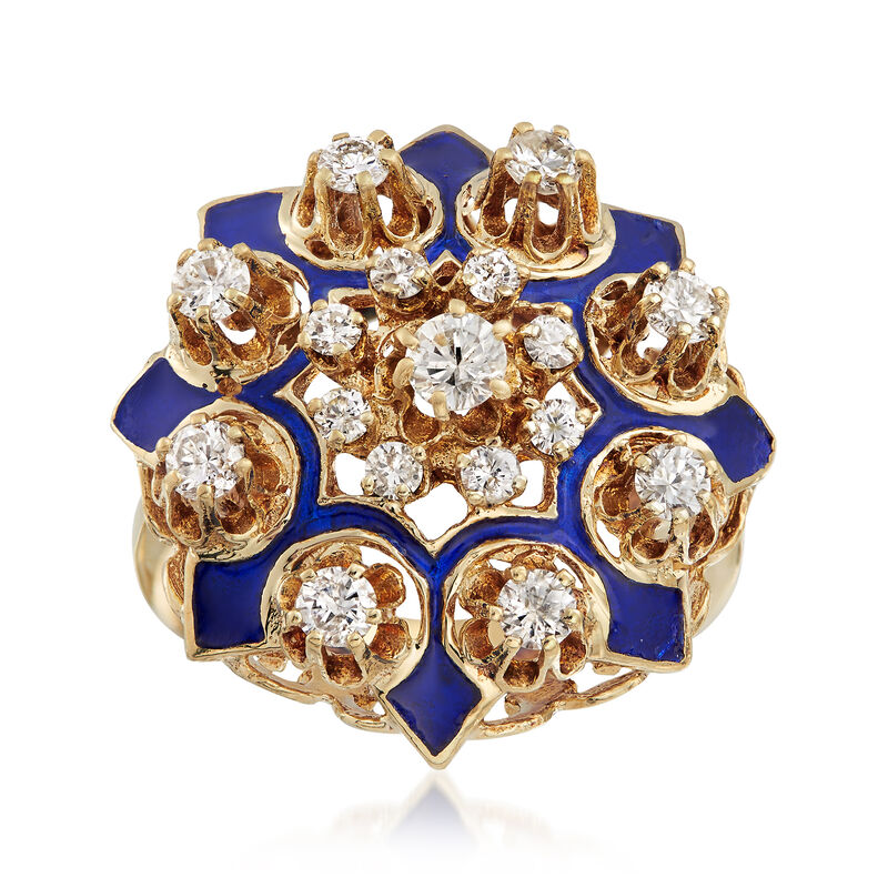C. 1950 Vintage .90 ct. t.w. Diamond Cluster Ring with Blue Enamel in 14kt Yellow Gold. Size 6.5 image number 0