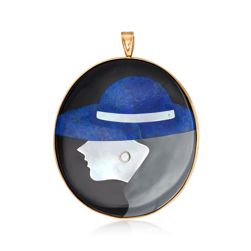 C. 1980 Vintage Multi-Gemstone Inlay Woman in Hat Pin/Pendant in 18kt Yellow Gold image number 0