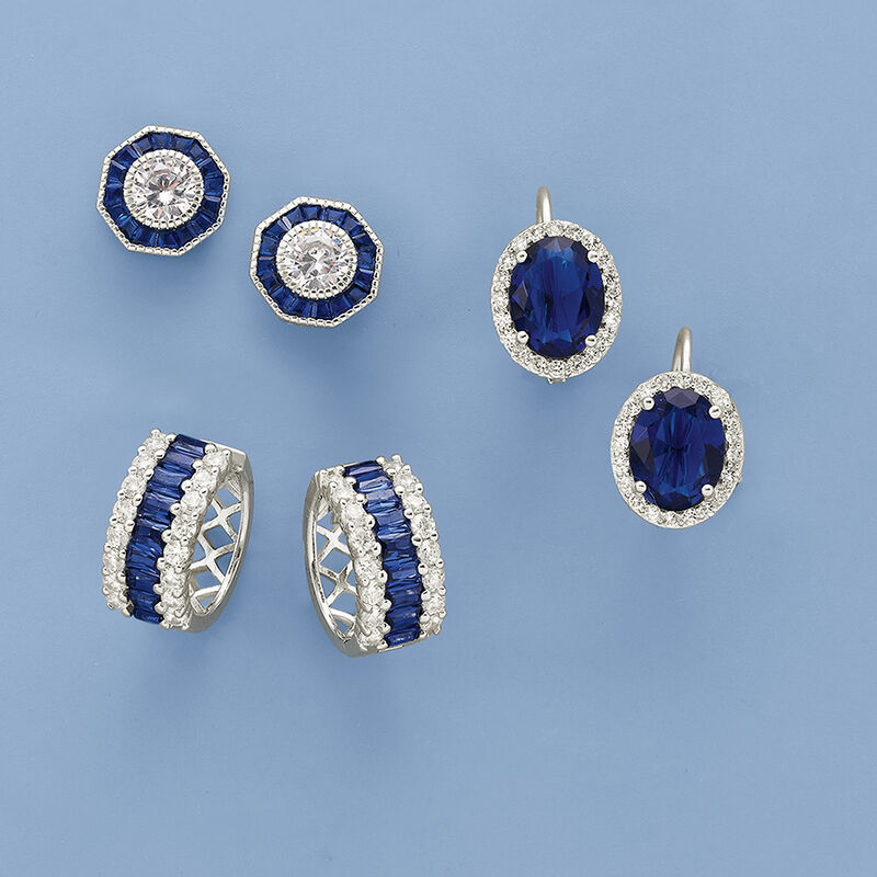 Simulated Sapphire and .95 ct. t.w. CZ Hoop Earrings in Sterling Silver. 1/2&quot; image number 2