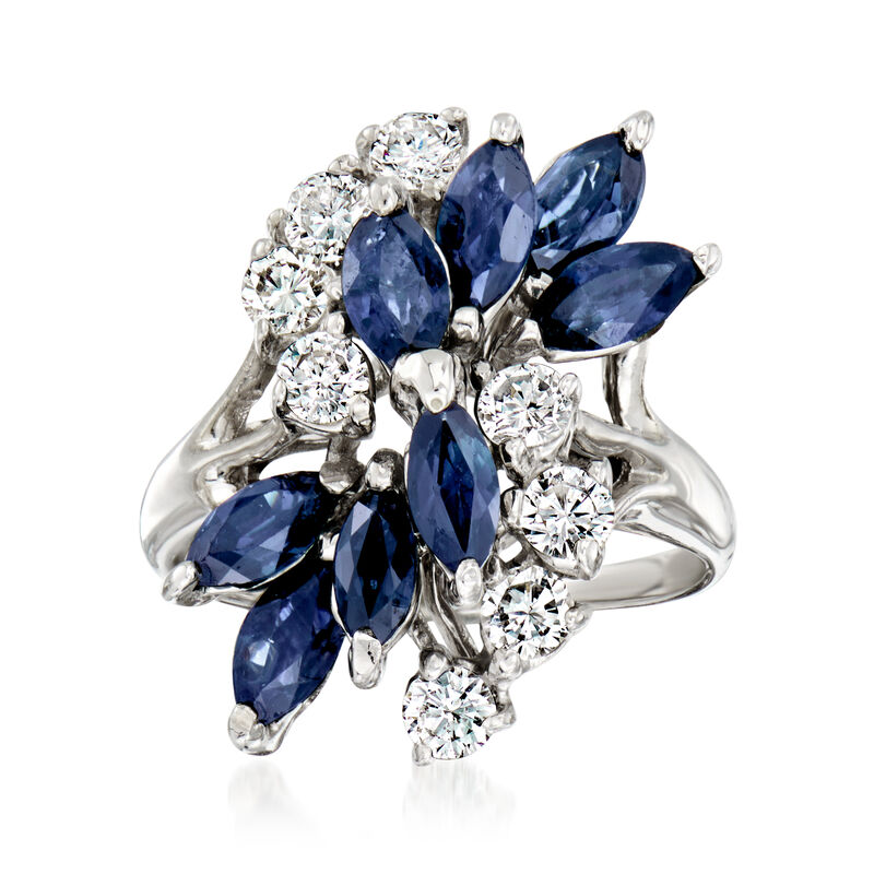 C. 1980 Vintage 1.60 ct. t.w. Sapphire and .75 ct. t.w. Diamond Cluster Ring in 14kt White Gold. Size 5 image number 0