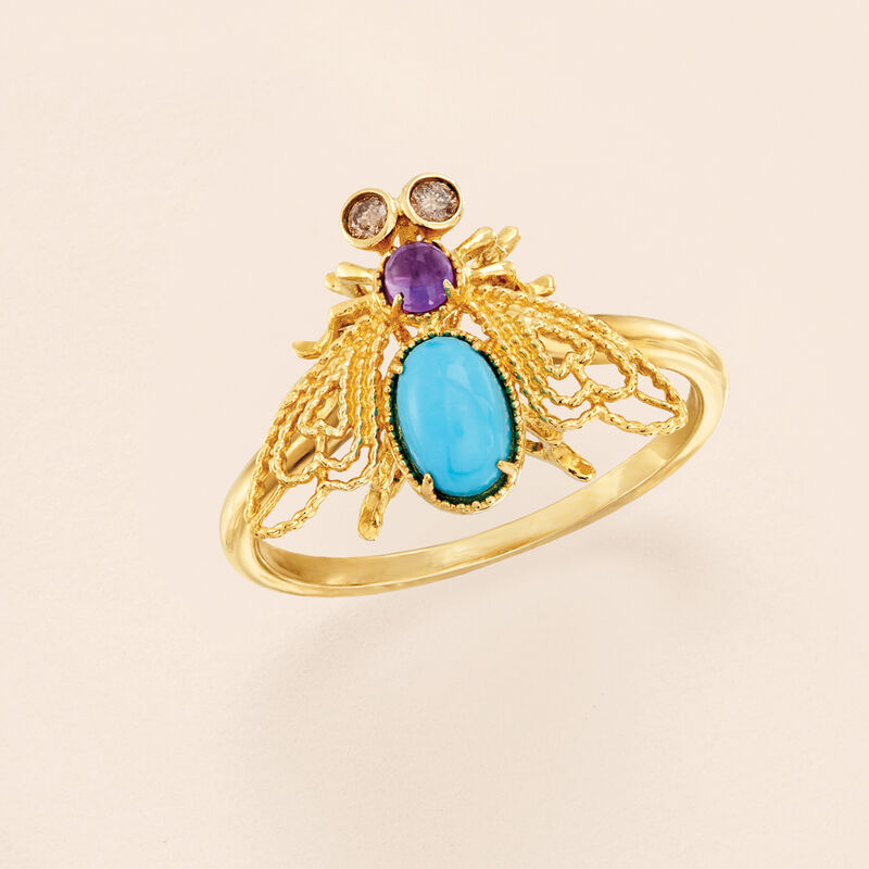 Turquoise and .10 Carat Amethyst Bee Ring with Brown Diamond Accents in 14kt Yellow Gold image number 3