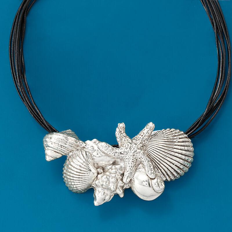 Sterling Silver Over Resin Starfish and Seashells Necklace with Black Leather. 18&quot; image number 9