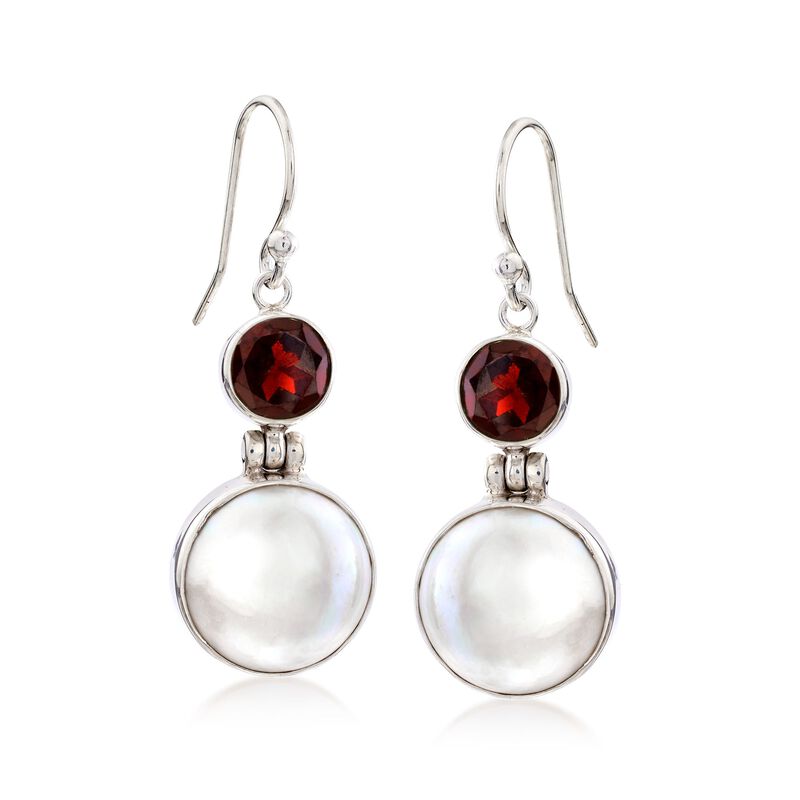 2.50 ct. t.w. Garnet and 13mm Cultured Mabe Pearl Drop Earrings in Sterling Silver image number 0
