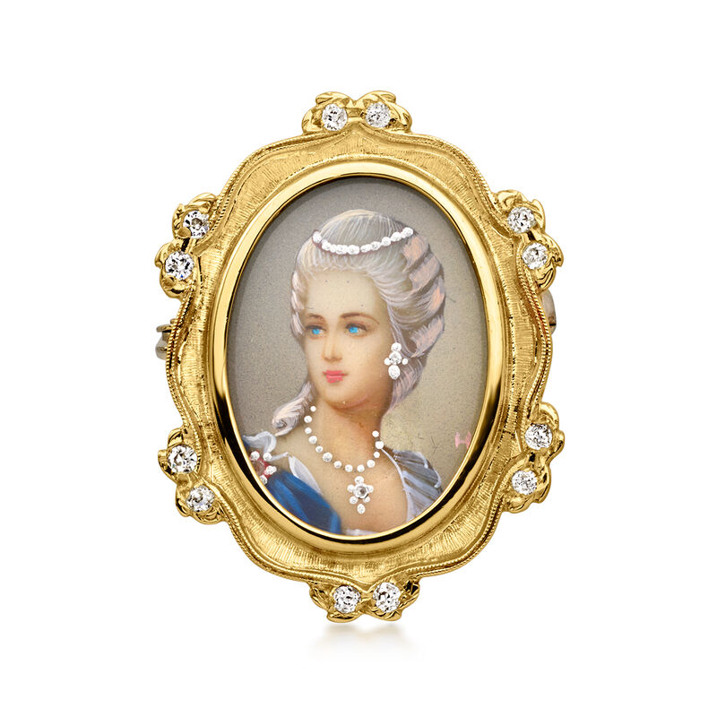 C. 1950 Vintage Painted Portrait Pin with .32 ct. t.w. Diamonds in 18kt Yellow Gold  image number 1