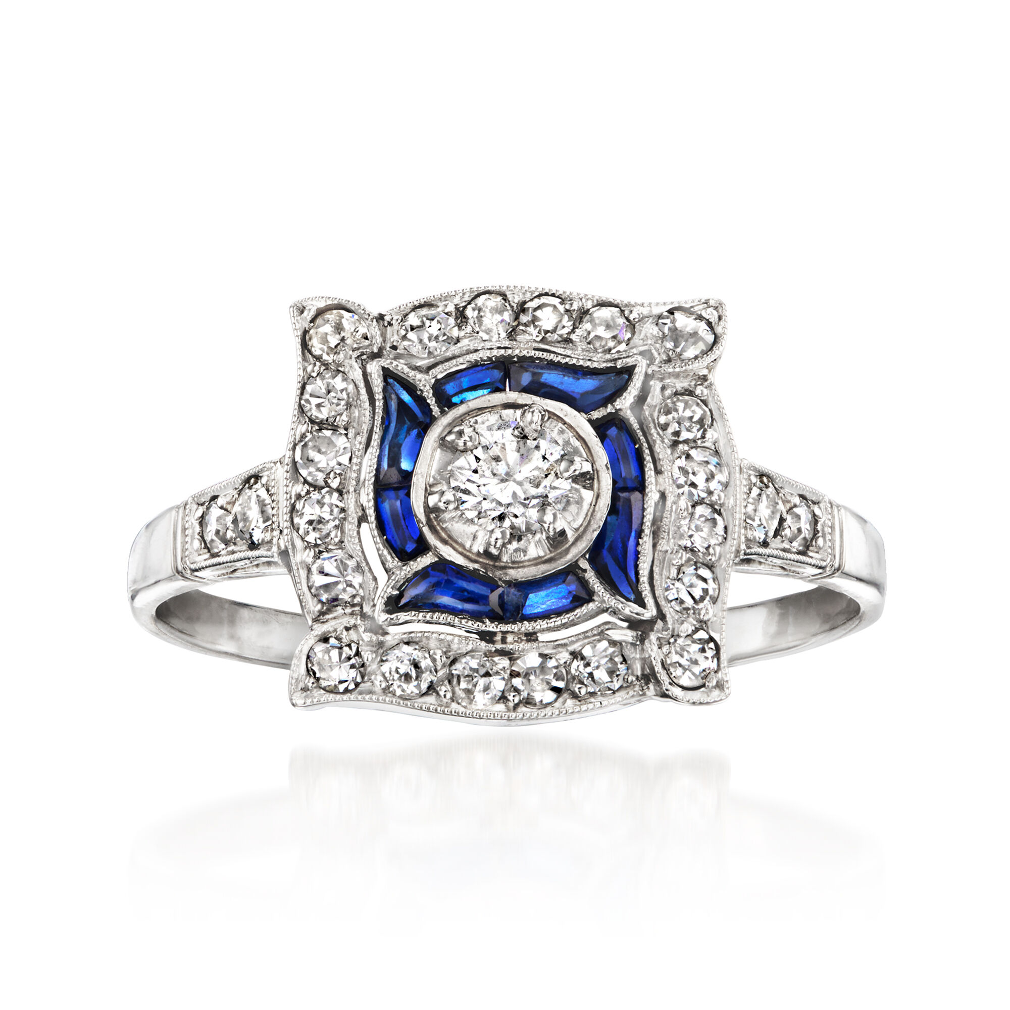 Ross-Simons 0.25 ct. t.w. Diamond Filigree Heart Pendant Necklace in Sterli C. 1930 Vintage .25 ct. t.w. Synthetic Sapphire Ring with .50 ct