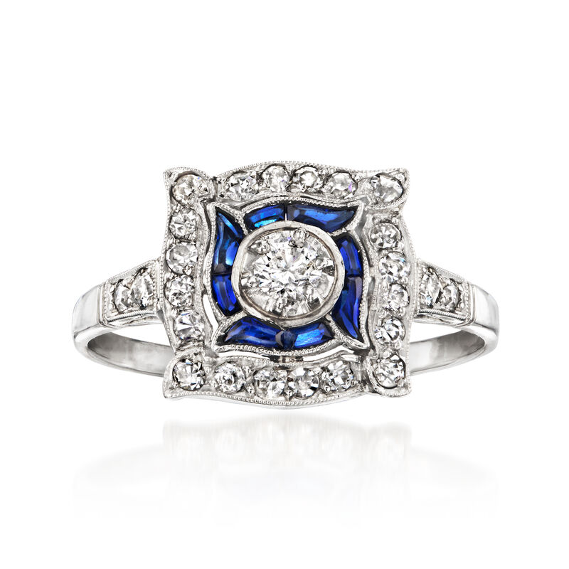 C. 1930 Vintage .25 ct. t.w. Synthetic Sapphire Ring with .50 ct. t.w. Diamonds in Platinum. Size 7 image number 0