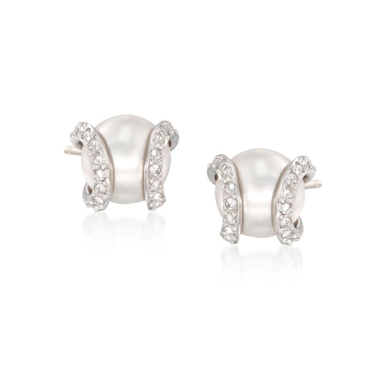 Swarovski Crystal &quot;Nude&quot; 8-10mm Simulated Pearl and Crystal Jewelry Set: Earrings and Necklace in Silvertone. 14.7&quot; image number 3