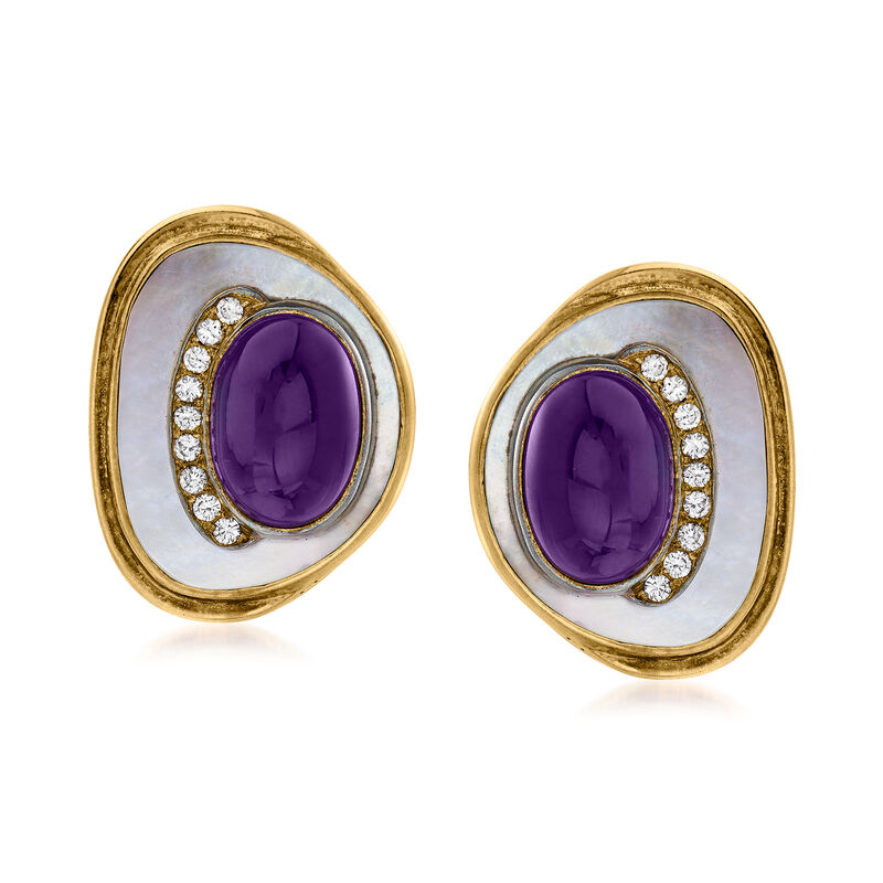 C. 1980 Vintage Mother-Of-Pearl, 9.00 ct. t.w. Amethyst and .50 ct. t.w. Diamond Clip-On Earrings in 18kt Yellow Gold image number 0