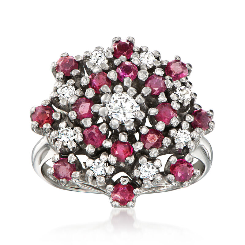 C. 1970 Vintage 1.25 ct. t.w. Ruby and .50 ct. t.w. Diamond Cluster Ring in 14kt White Gold. Size 7 image number 0