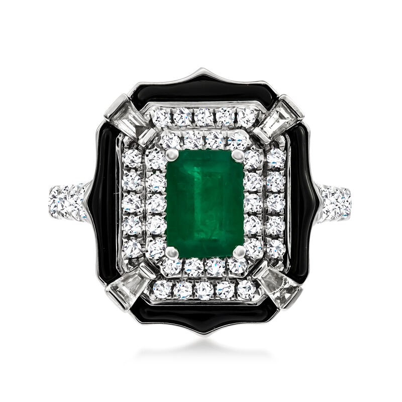 .90 Carat Emerald Ring with Onyx and .76 ct. t.w. Diamonds in 14kt White Gold image number 0