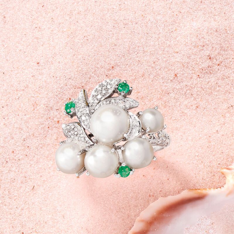 Cultured Pearl and Diamond Cluster Ring with Emeralds in Sterling Silver image number 3