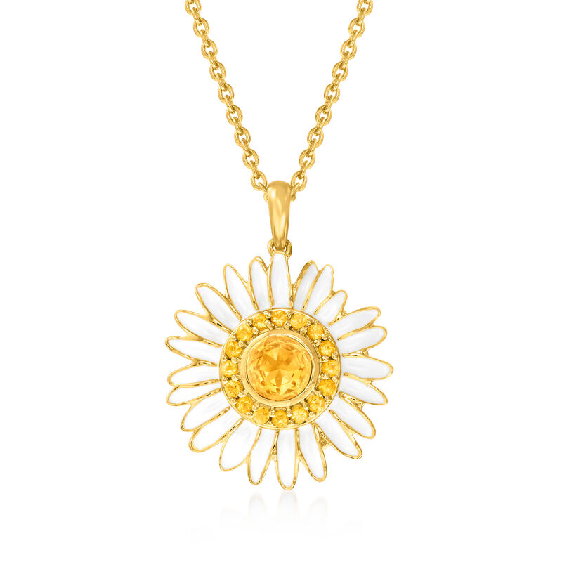 1.10 ct. t.w. Citrine and White Enamel Daisy Pendant Necklace in 18kt Gold Over Sterling. 18&quot; image number 1