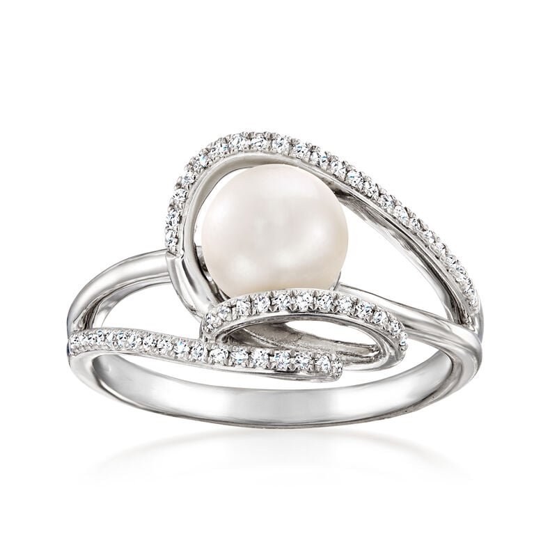 7-7.5mm Cultured Pearl and .15 ct. t.w. Diamond Swirl Ring in Sterling Silver image number 0