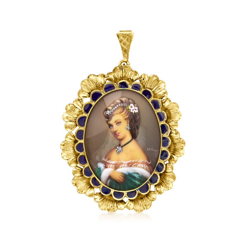 C. 1950 Vintage Painted Portrait Pin/Pendant with Enamel in 18kt Yellow Gold image number 0
