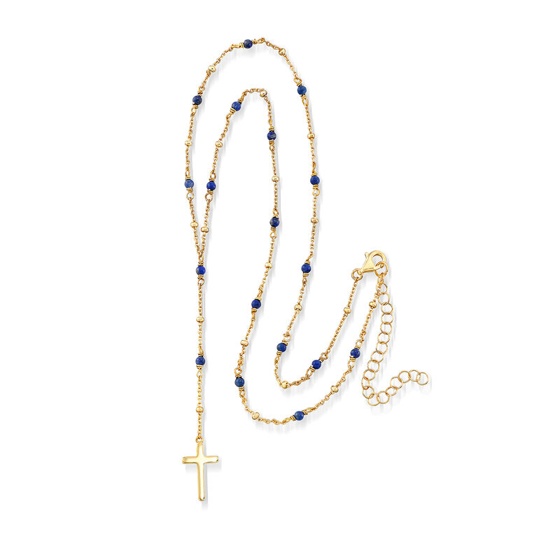 2.3mm Lapis Rosary Beads with Cross Necklace in 18kt Gold Over Sterling. 16&quot; image number 2