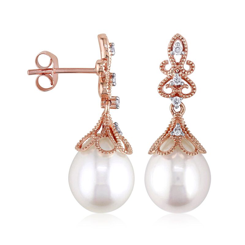 9-9.5mm Cultured Pearl Drop Earrings with Diamond Accents in 14kt Rose Gold image number 2
