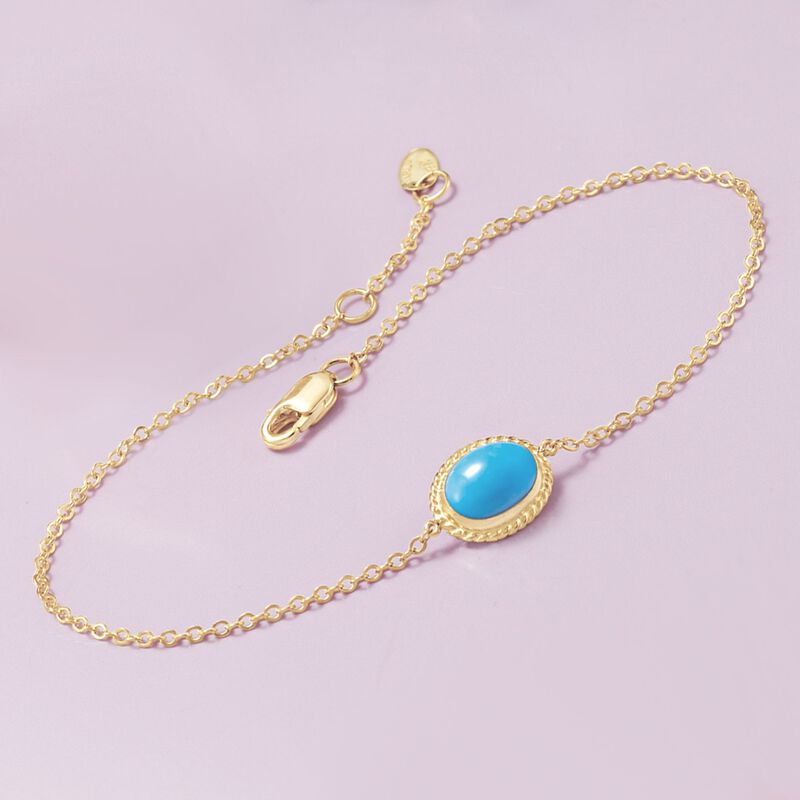 Oval Sleeping Beauty Turquoise Roped Frame Bracelet in 14kt Yellow Gold image number 2