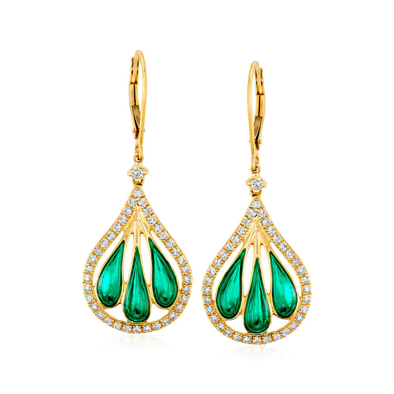 .90 ct. t.w. Diamond and Green Enamel Fan Drop Earrings in 14kt Yellow Gold image number 0