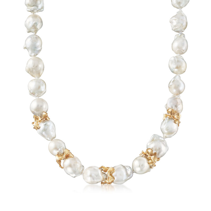 Italian 12-13mm Cultured Freshwater Baroque Pearl Necklace with 18kt Gold Over Sterling Spacers. 18.5&quot; image number 1