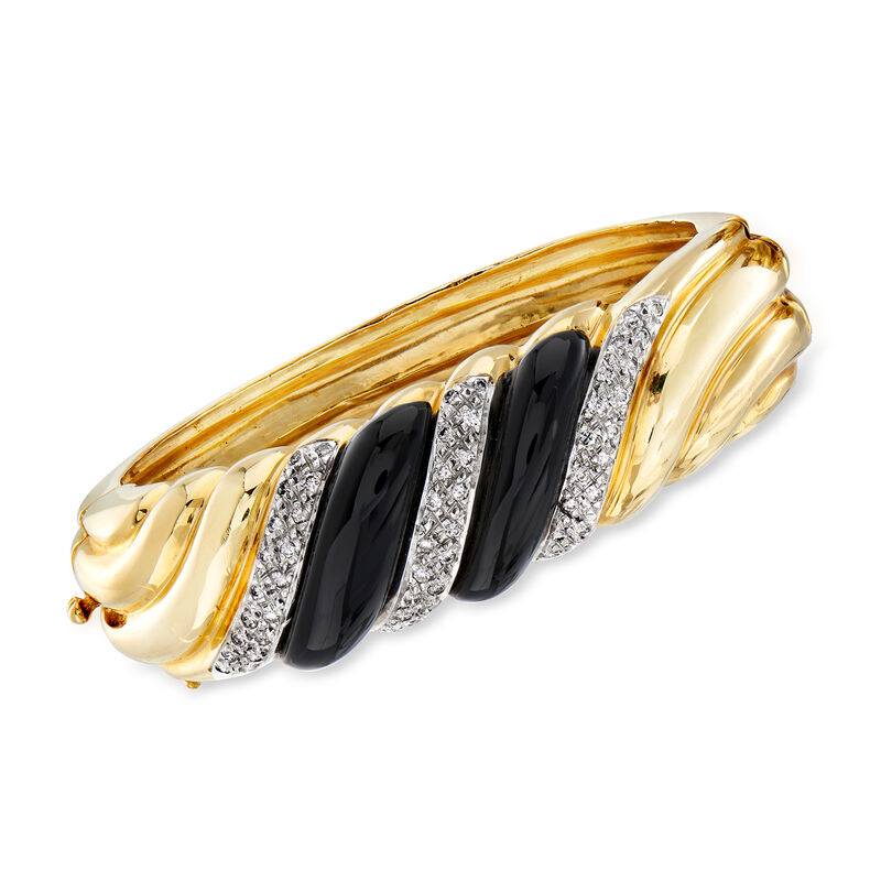 C. 1980 Vintage Onyx and 1.10 ct. t.w. Diamond Shrimp Bangle Bracelet in 14kt Yellow Gold. 7&quot; image number 0