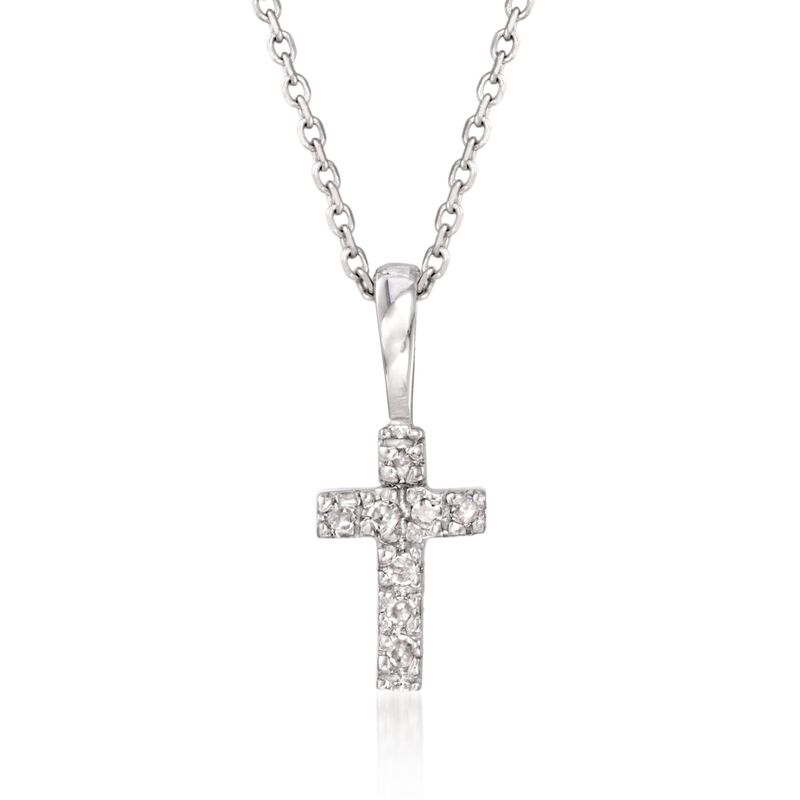 Diamond Accent Small Cross Pendant Necklace in 14kt White Gold. 16&quot; image number 1