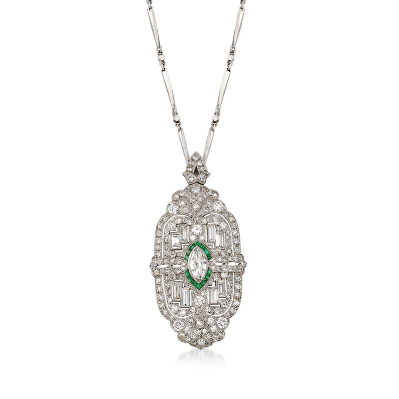 C. 1950 Vintage 4.55 ct. t.w. Diamond and .35 ct. t.w. Emerald Pin/Pendant Necklace in Platinum image number 0