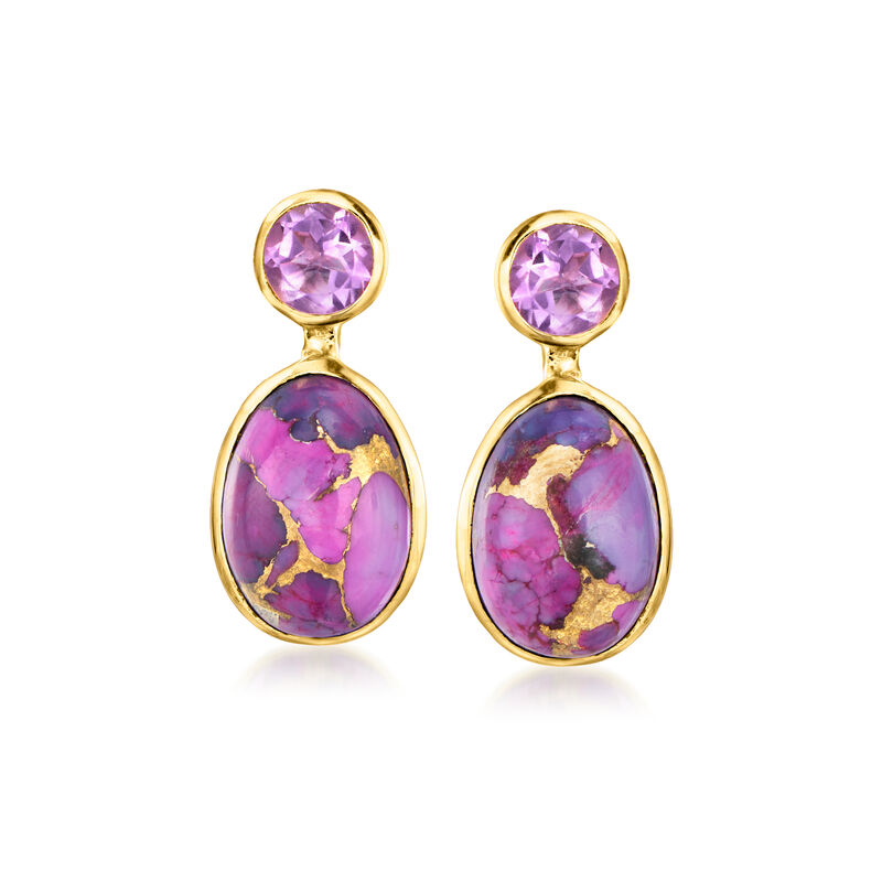 Purple Turquoise and 1.30 ct. t.w. Amethyst Drop Earrings in 18kt Gold Over Sterling  image number 0