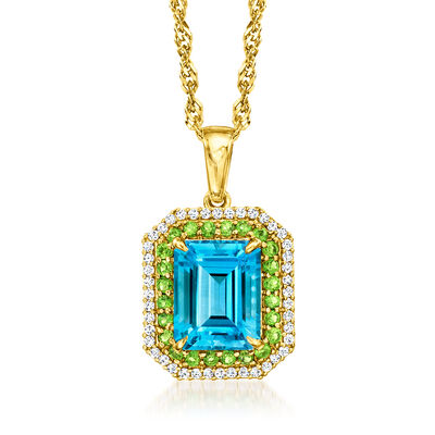 2.70 Carat Swiss Blue Topaz and .30 ct. t.w. Chrome Diopside Pendant Necklace with .20 ct. t.w. White Zircon in 18kt Gold Over Sterling