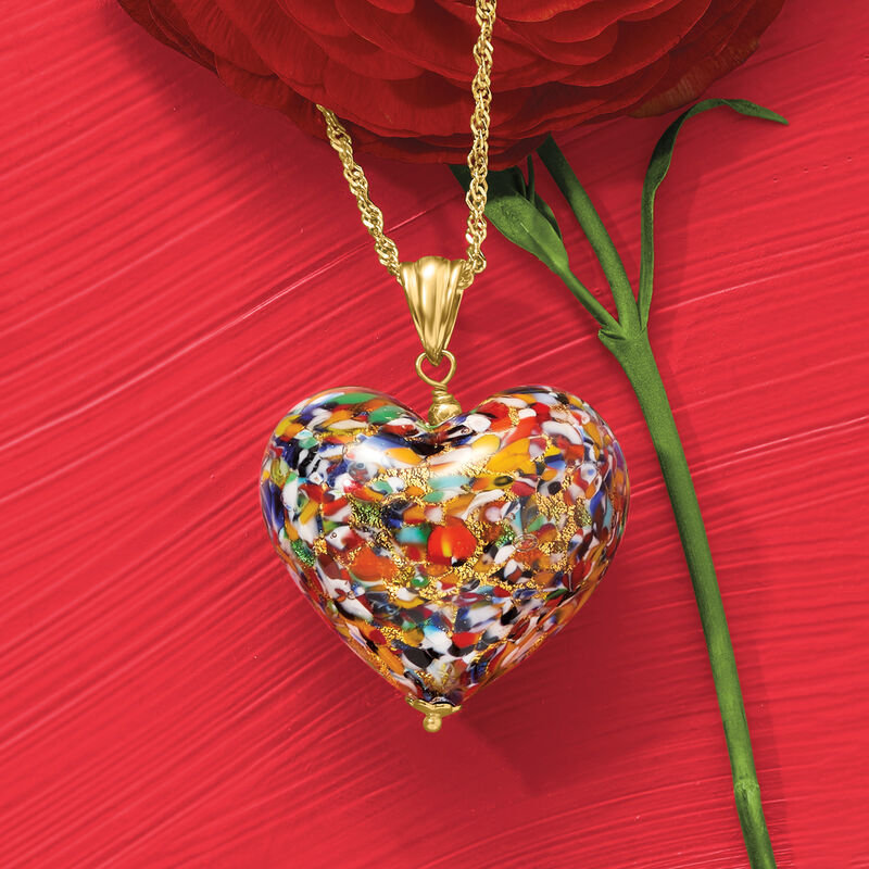 Italian Murano Glass Heart Pendant Necklace in 18kt Gold Over Sterling image number 2