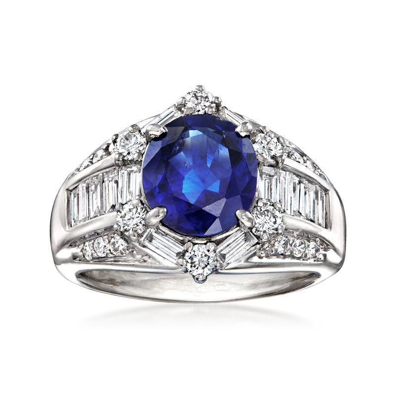 C. 1990 Vintage 2.67 Carat Sapphire and 1.20 ct. t.w. Diamond Cocktail Ring in Platinum. Size 6 image number 0