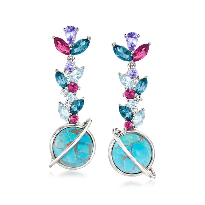 Turquoise and 3.48 ct. t.w. Multi-Gemstone Planet Drop Earrings in Sterling Silver image number 0
