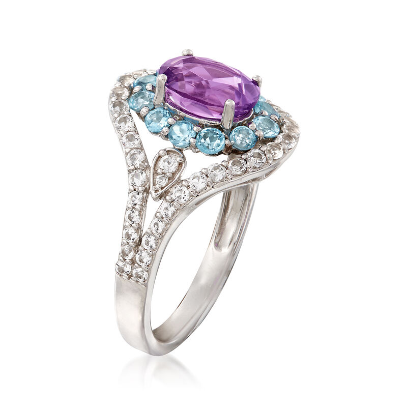 1.00 Carat Oval Amethyst and Blue and White Topaz Ring in 14kt White Gold image number 2