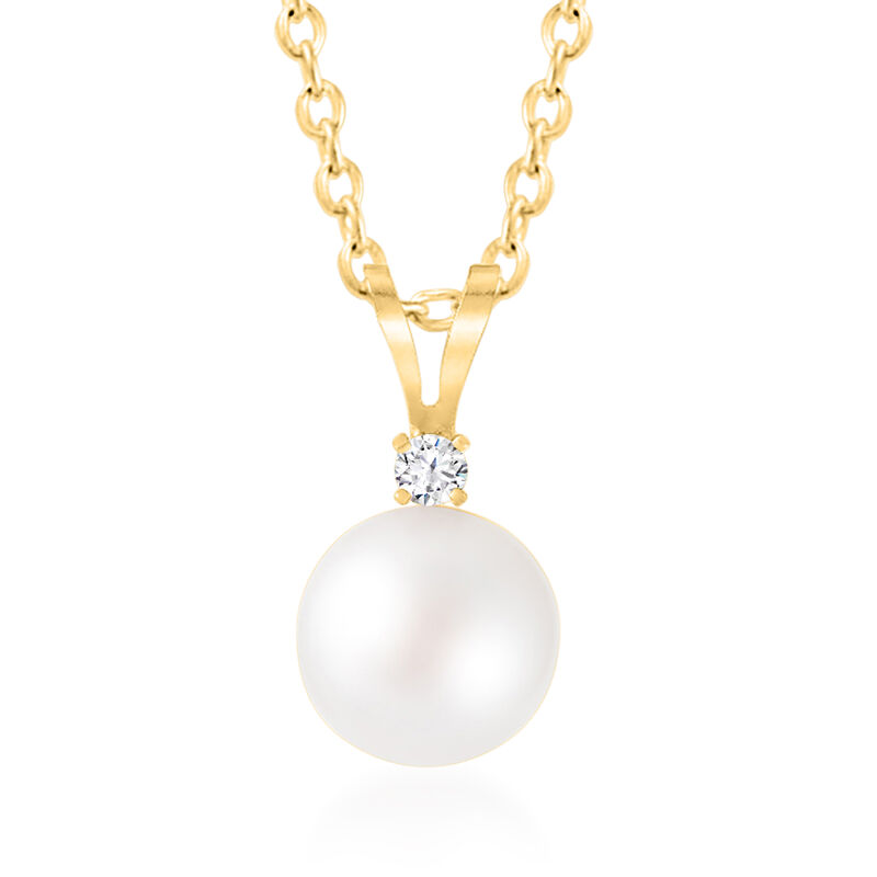 5-5.5mm Cultured Akoya Pearl Pendant Necklace with Single Diamond in 14kt Yellow Gold. 18&quot; image number 0