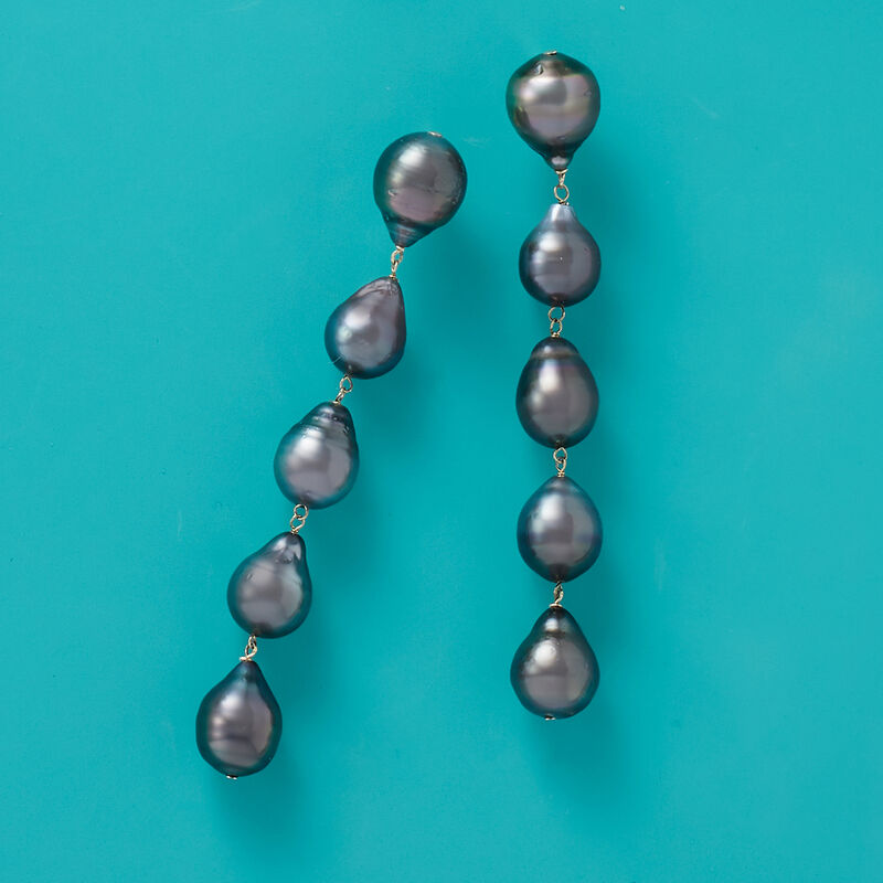 9-11mm Black Cultured Tahitian Baroque Pearl Linear Drop Earrings in 14kt Yellow Gold image number 2