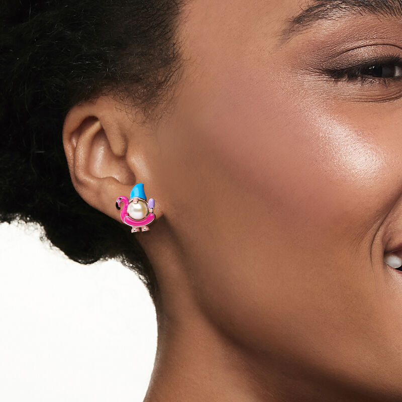 6.5-7mm Cultured Pearl and Multicolored Enamel Flamingo Floatie Gnome Earrings in Sterling Silver  image number 1