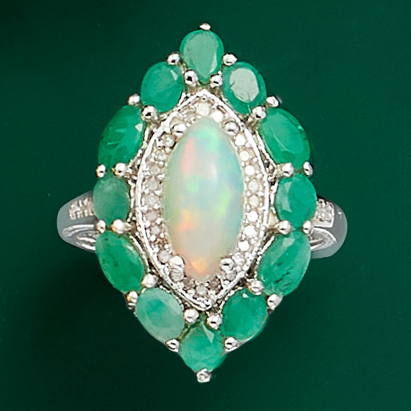 Opal and 1.80 ct. t.w. Emerald Marquise-Shaped Ring with .17 ct. t.w. Diamonds in Sterling Silver image number 3