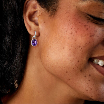 C. 1990 Vintage 7.50 ct. t.w. Amethyst and .50 ct. t.w. Diamond Hoop Drop Earrings in 14kt White Gold